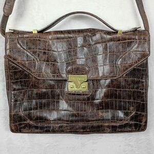 Foley + Corinna Brown Croc Embossed Leather Satchel Shoulder Bag Brass Hardware